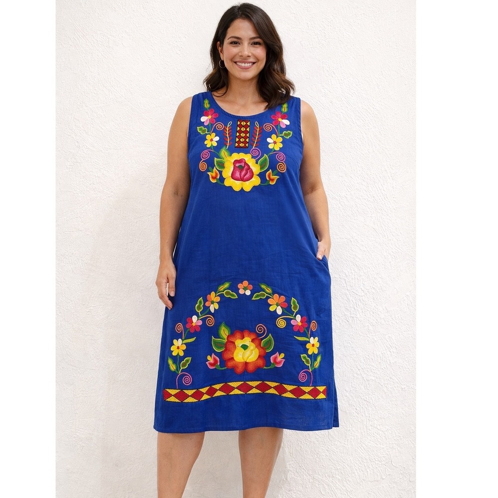 Unbranded Mexican Floral Embroidered‎ Shift Dress Womens L Blue Sleeveless